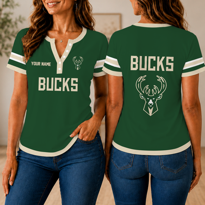 VIRAL EDITION - NEW CUSTOMIZED NBA11 MBU MILWAUKEE BUCKS  WOMEN'S SHORT SLEEVE HENLEY T-SHIRT