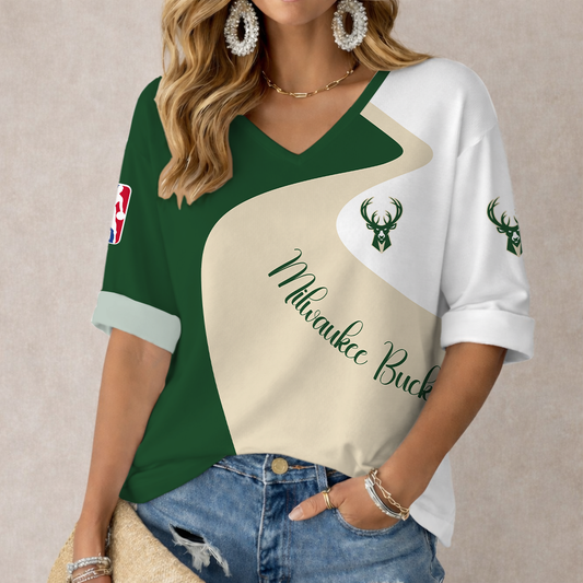 EXCLUSIVE EDITION - NEW CUSTOMIZED NBA11 MBU MILWAUKEE BUCKS WOMEN'S V-NECK LONG SLEEVE SHIRT