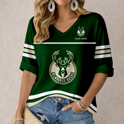 ELITE EDITION - NEW CUSTOMIZED MBU MILWAUKEE BUCKS WOMEN'S HEART V-NECK LONG SLEEVE SHIRT - NBA11