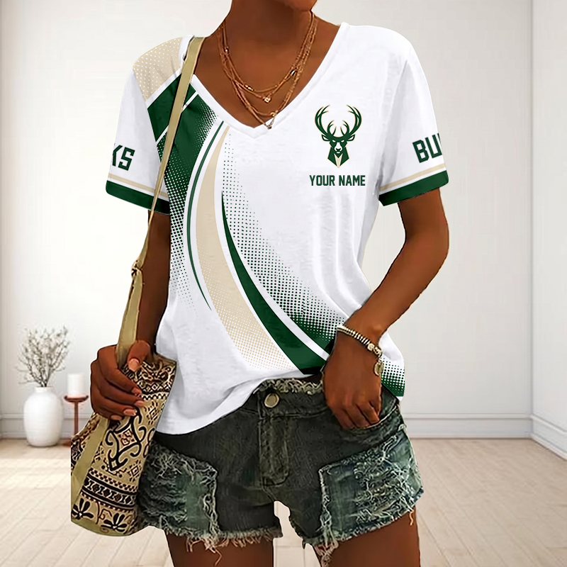 SPECIAL EDITION - NEW CUSTOMIZED NBA11 MBU MILWAUKEE BUCKS V-NECK FEMALE SHIRT