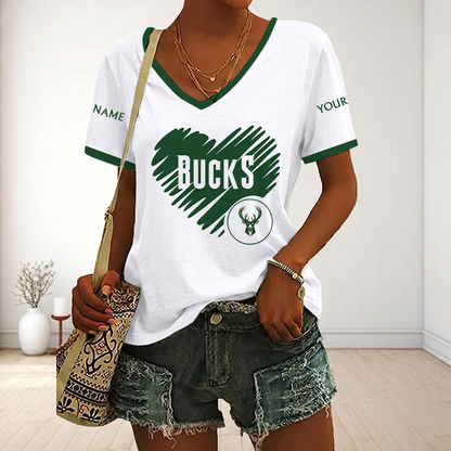 EXCLUSIVE EDITION - NEW CUSTOMIZED NBA11 MBU MILWAUKEE BUCKS V-NECK FEMALE SHIRT