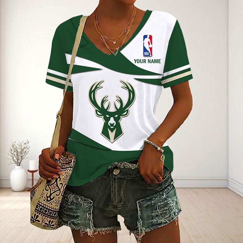 EXCLUSIVE EDITION - NEW CUSTOMIZED NBA11 MBU MILWAUKEE BUCKS V-NECK FEMALE SHIRT