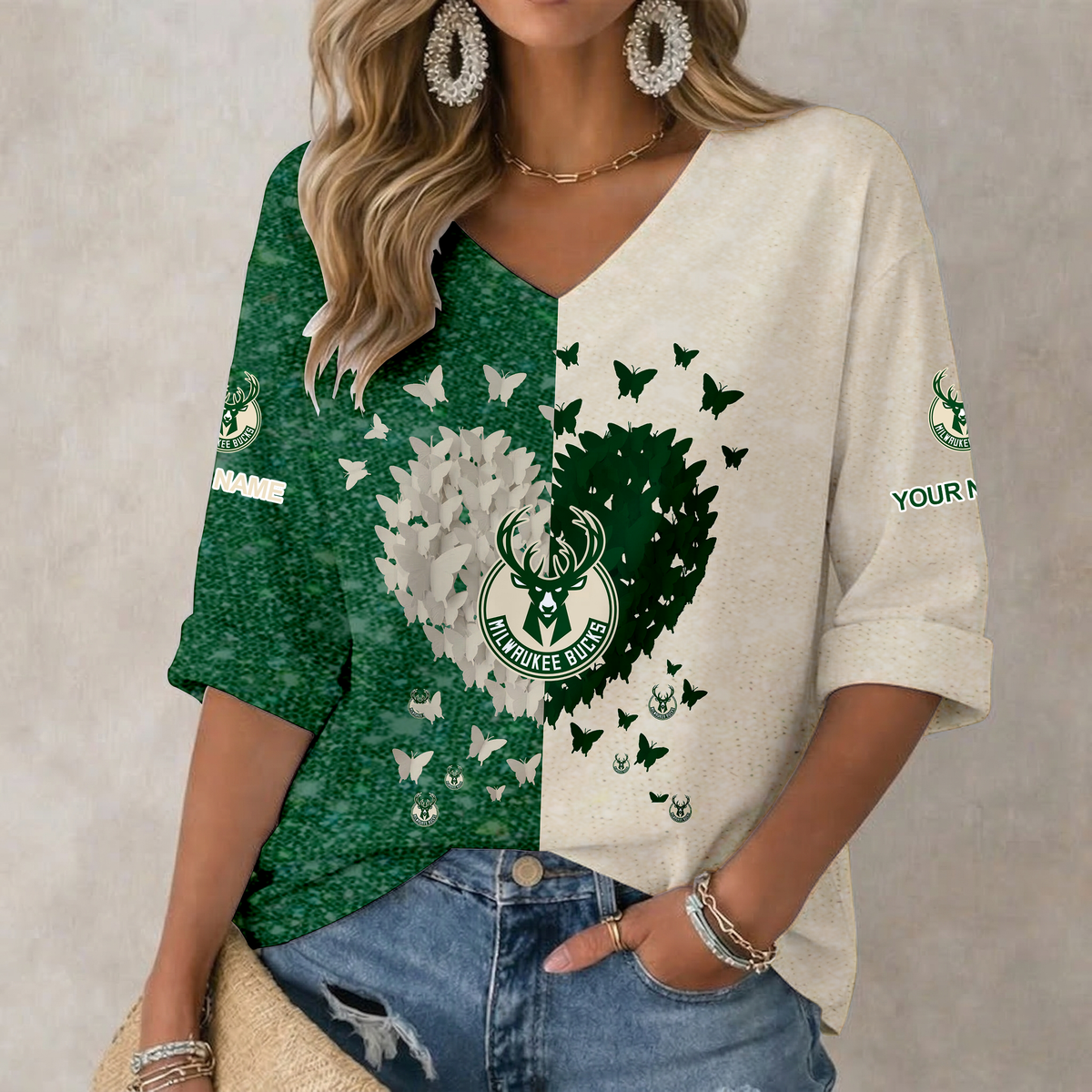 SPECIAL EDITION - NEW CUSTOMIZED MBU MILWAUKEE BUCKS WOMEN'S HEART V-NECK LONG SLEEVE SHIRT - NBA11