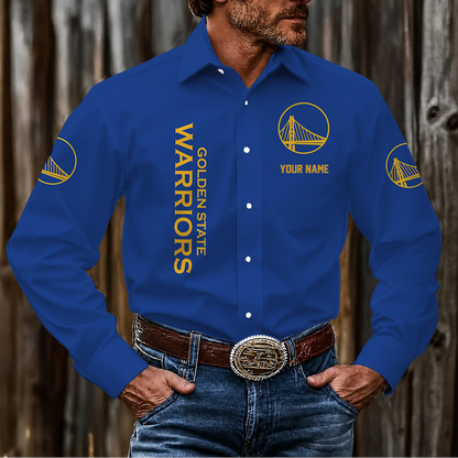 HOT DEAL - NEW CUSTOMIZED NBA12 GSW GOLDEN STATE WARRIORS MEN'S LONG SLEEVE BUTTON-UP SHIRT