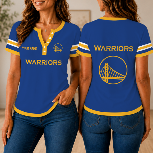 VIRAL EDITION - NEW CUSTOMIZED NBA12 GSW GOLDEN STATE WARRIORS  WOMEN'S SHORT SLEEVE HENLEY T-SHIRT
