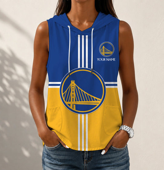 HOT DEAL - NEW CUSTOMIZED NBA12 GSW GOLDEN STATE WARRIORS WOMEN'S SLEEVELESS HOODED POCKET TANK TOP