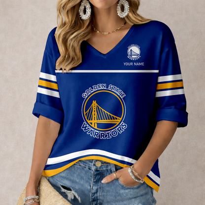 ELITE EDITION - NEW CUSTOMIZED GSW GOLDEN STATE WARRIORS WOMEN'S HEART V-NECK LONG SLEEVE SHIRT - NBA12