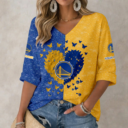 SPECIAL EDITION - NEW CUSTOMIZED GSW GOLDEN STATE WARRIORS WOMEN'S HEART V-NECK LONG SLEEVE SHIRT - NBA12