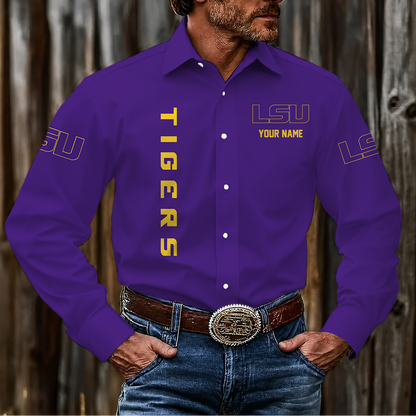VIRAL EDITION - NEW CUSTOMIZED NCAA MAM13 LST LSU TIGERS MEN'S LONG SLEEVE BUTTON-UP SHIRT