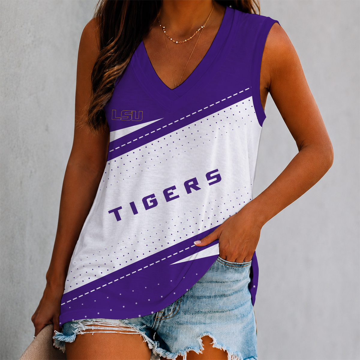 EXCLUSIVE EDITION - NEW CUSTOMIZED NCAA MAM13 LST LSU TIGERS WOMEN'S V-NECK TANK TOP