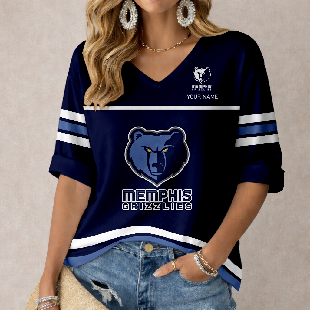ELITE EDITION - NEW CUSTOMIZED MGR MEMPHIS GRIZZLIES WOMEN'S HEART V-NECK LONG SLEEVE SHIRT - NBA13