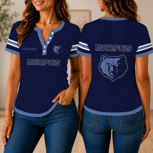 VIRAL EDITION - NEW CUSTOMIZED NBA13 MGR MEMPHIS GRIZZLIES  WOMEN'S SHORT SLEEVE HENLEY T-SHIRT
