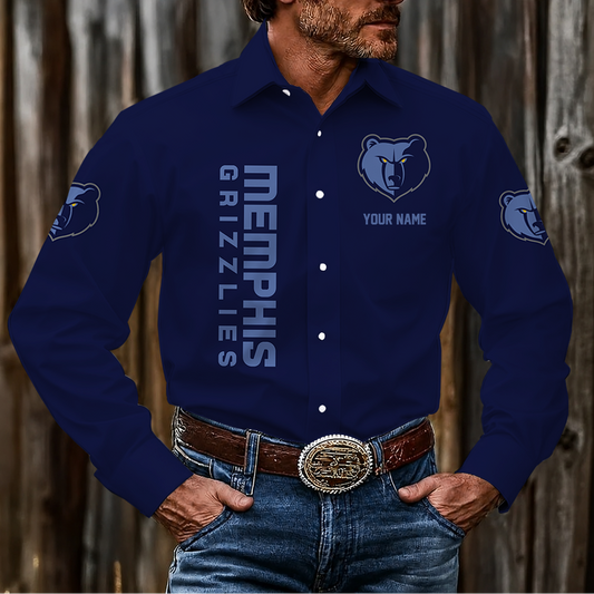 HOT DEAL - NEW CUSTOMIZED NBA13 MGR MEMPHIS GRIZZLIES MEN'S LONG SLEEVE BUTTON-UP SHIRT