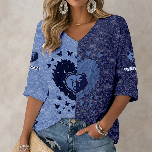 SPECIAL EDITION - NEW CUSTOMIZED MGR MEMPHIS GRIZZLIES WOMEN'S HEART V-NECK LONG SLEEVE SHIRT - NBA13