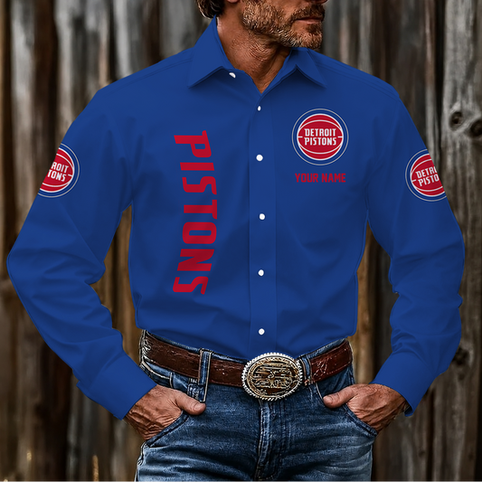 HOT DEAL - NEW CUSTOMIZED NBA14 DPI DETROIT PISTONS MEN'S LONG SLEEVE BUTTON-UP SHIRT