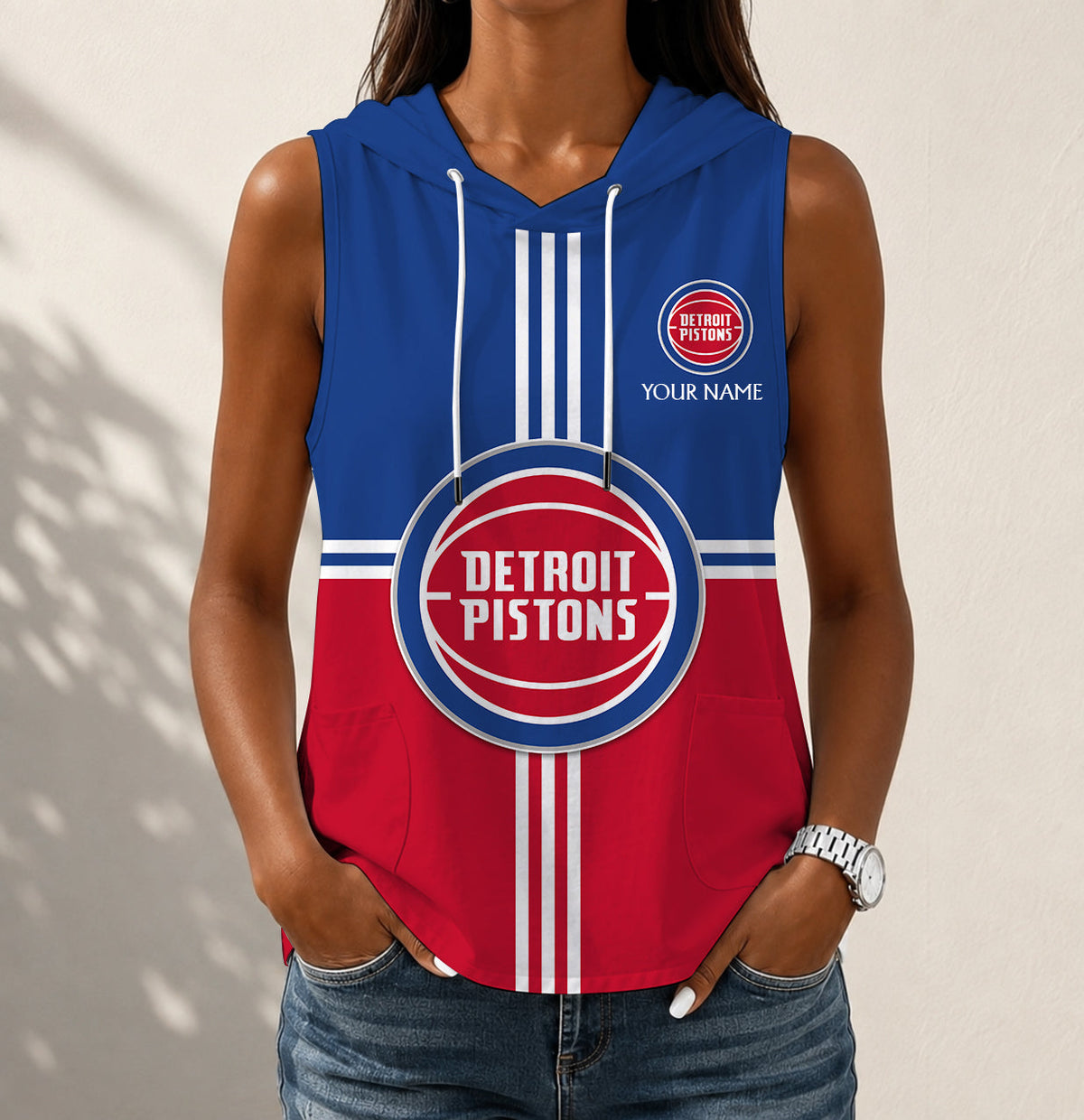 HOT DEAL - NEW CUSTOMIZED NBA14 DPI DETROIT PISTONS WOMEN'S SLEEVELESS HOODED POCKET TANK TOP