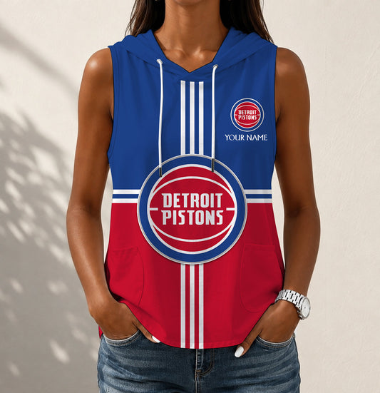 HOT DEAL - NEW CUSTOMIZED NBA14 DPI DETROIT PISTONS WOMEN'S SLEEVELESS HOODED POCKET TANK TOP