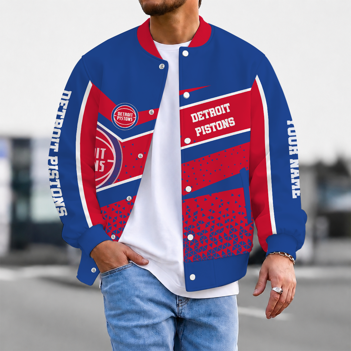 EXCLUSIVE EDITION - NEW CUSTOMIZED NBA14 DPI DETROIT PISTONS BASEBALL JACKET, SATIN VARSITY JACKET