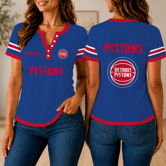VIRAL EDITION - NEW CUSTOMIZED NBA14 DPI DETROIT PISTONS  WOMEN'S SHORT SLEEVE HENLEY T-SHIRT