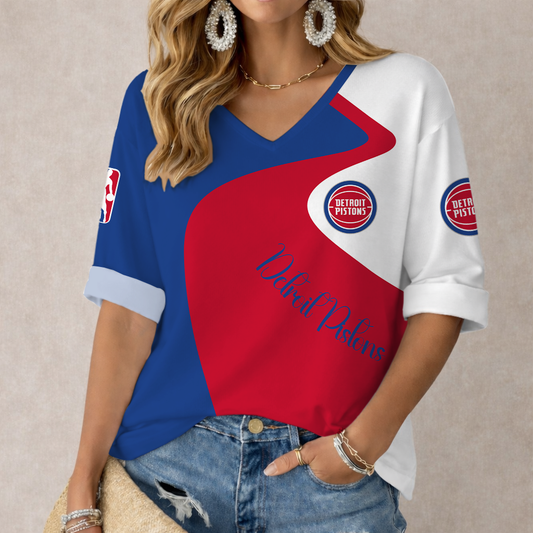EXCLUSIVE EDITION - NEW CUSTOMIZED NBA14 DPI DETROIT PISTONS WOMEN'S V-NECK LONG SLEEVE SHIRT