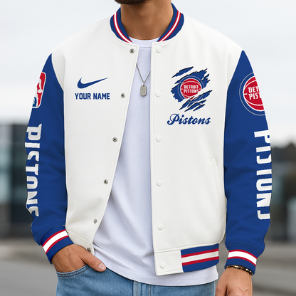 LIMITED DROP - NEW CUSTOMIZED DPI DT PISTONS BASEBALL JACKET, SATIN VARSITY JACKET - NBA14