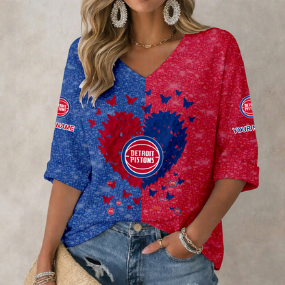 SPECIAL EDITION - NEW CUSTOMIZED DPI DETROIT PISTONS WOMEN'S HEART V-NECK LONG SLEEVE SHIRT - NBA14
