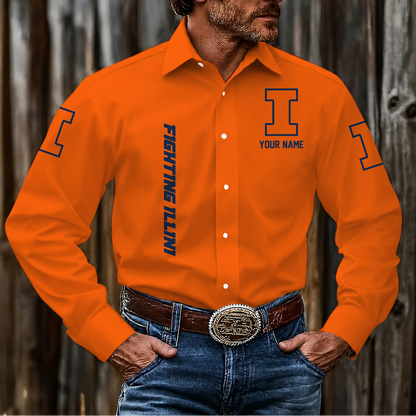 VIRAL EDITION - NEW CUSTOMIZED NCAA MAM15 IFI ILLINOIS FIGHTING ILLINI MEN'S LONG SLEEVE BUTTON-UP SHIRT
