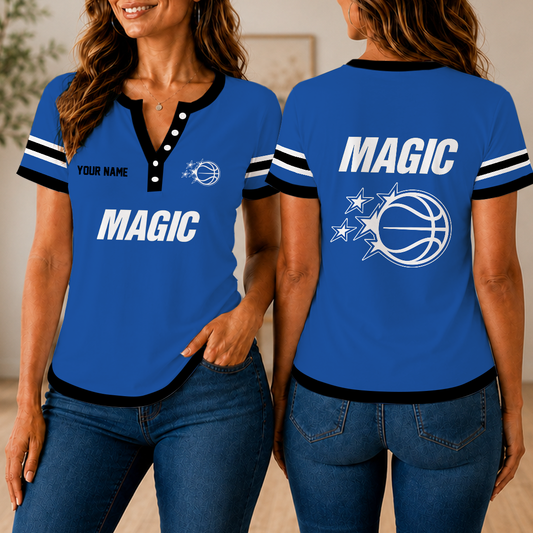 VIRAL EDITION - NEW CUSTOMIZED NBA15 OMA ORLANDO MAGIC  WOMEN'S SHORT SLEEVE HENLEY T-SHIRT