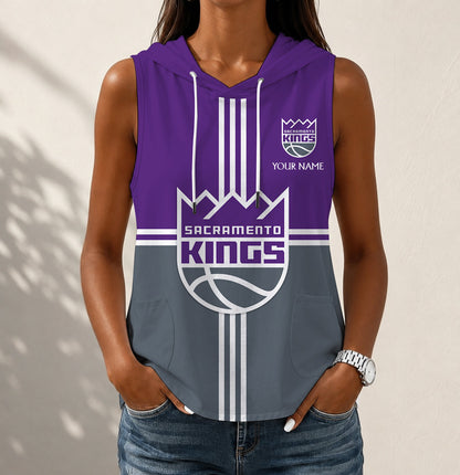HOT DEAL - NEW CUSTOMIZED NBA16 SKI SACRAMENTO KINGS WOMEN'S SLEEVELESS HOODED POCKET TANK TOP
