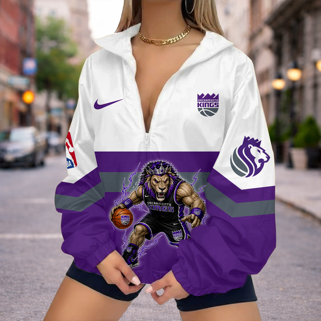 LIMITED EDITION - NEW CUSTOMIZED SKI SACRAMENTO KINGS V-NECK ZIPPER SWEATSHIRT JACKET - NBA16