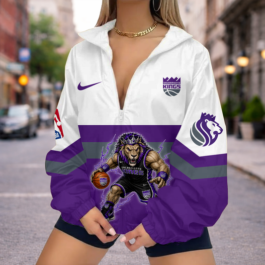 LIMITED EDITION - NEW CUSTOMIZED SKI SACRAMENTO KINGS V-NECK ZIPPER SWEATSHIRT JACKET - NBA16