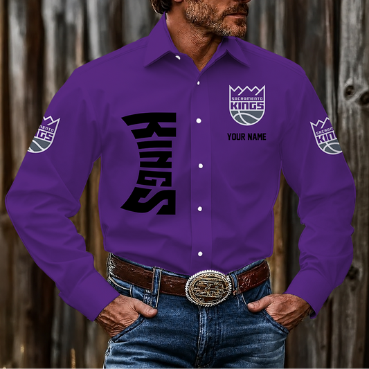 HOT DEAL - NEW CUSTOMIZED NBA16 SKI SACRAMENTO KINGS MEN'S LONG SLEEVE BUTTON-UP SHIRT