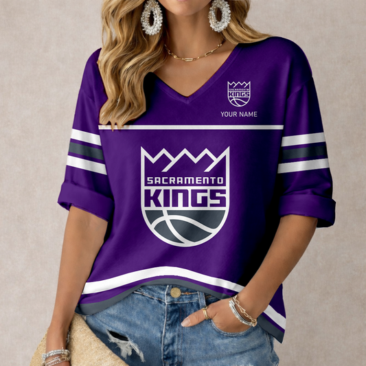 ELITE EDITION - NEW CUSTOMIZED SKI SACRAMENTO KINGS WOMEN'S HEART V-NECK LONG SLEEVE SHIRT - NBA16