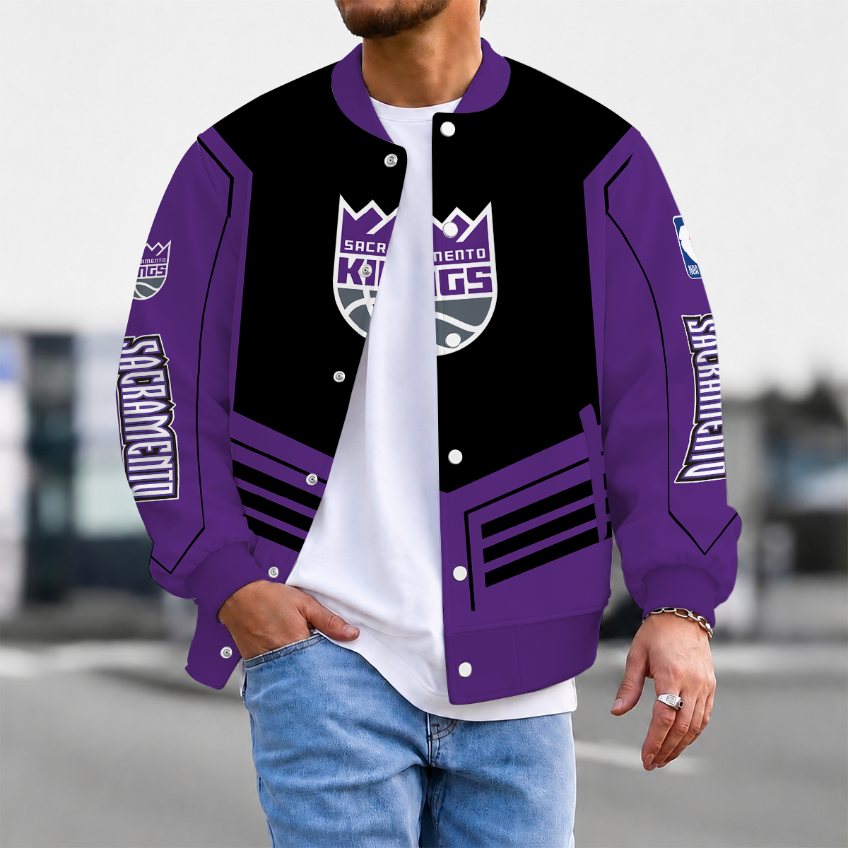 LIMITED DROP - NEW CUSTOMIZED SKI SACRAMENTO KINGS BASEBALL JACKET, SATIN VARSITY JACKET - NBA16
