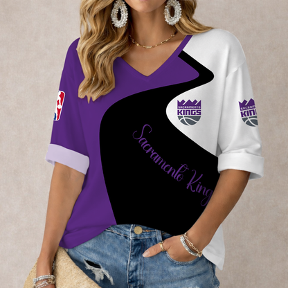 EXCLUSIVE EDITION - NEW CUSTOMIZED NBA16 SKI SACRAMENTO KINGS WOMEN'S V-NECK LONG SLEEVE SHIRT