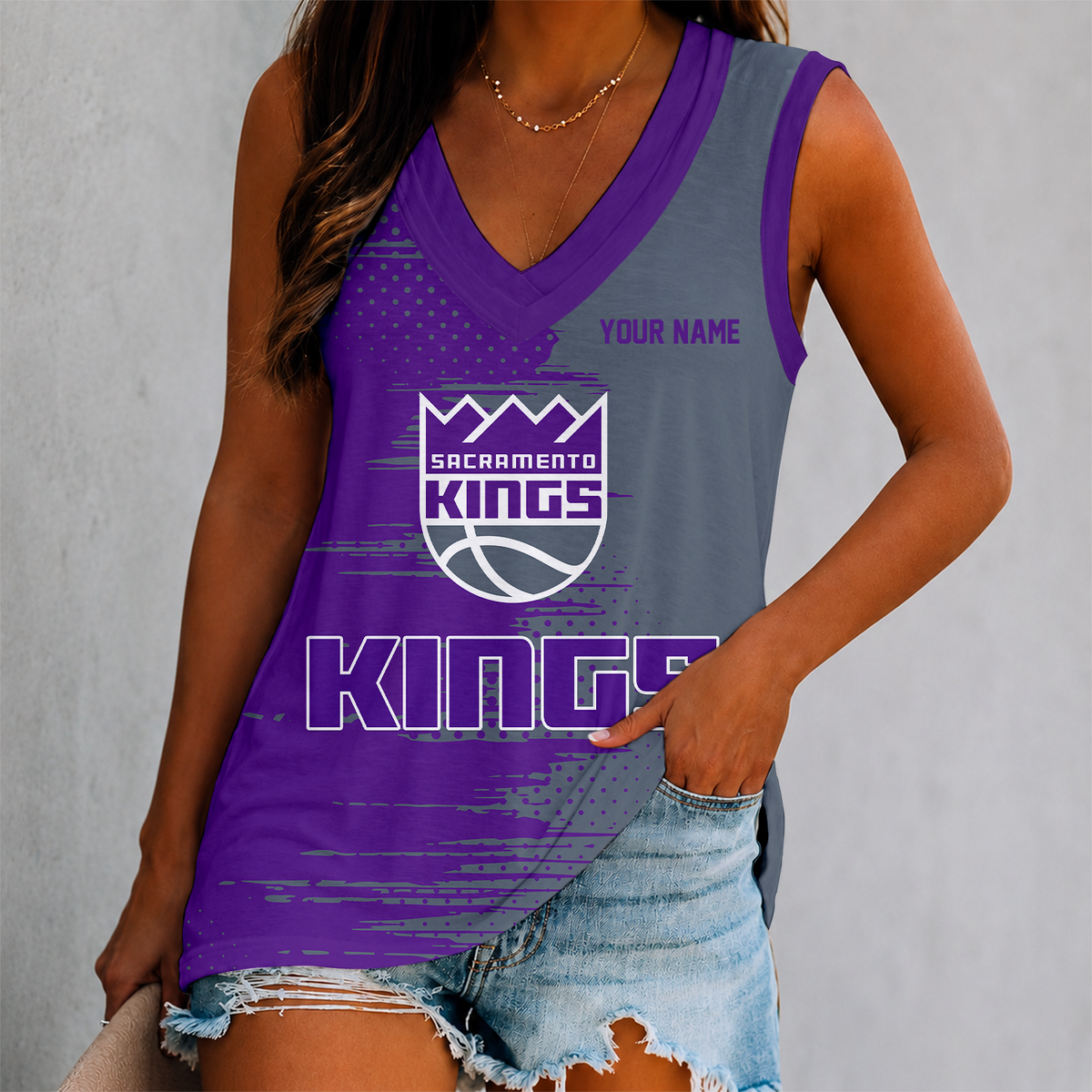 LIMITED EDITION - NEW CUSTOMIZED NBA16 SKI SACRAMENTO KINGS WOMEN'S V-NECK TANK TOP
