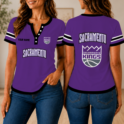 VIRAL EDITION - NEW CUSTOMIZED NBA16 SKI SACRAMENTO KINGS  WOMEN'S SHORT SLEEVE HENLEY T-SHIRT