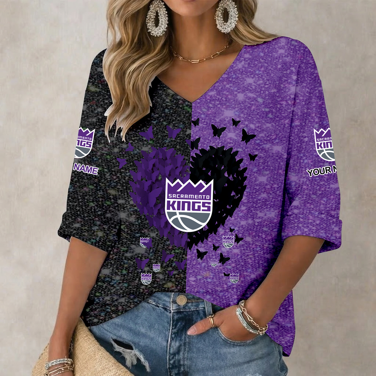 SPECIAL EDITION - NEW CUSTOMIZED SKI SACRAMENTO KINGS WOMEN'S HEART V-NECK LONG SLEEVE SHIRT - NBA16