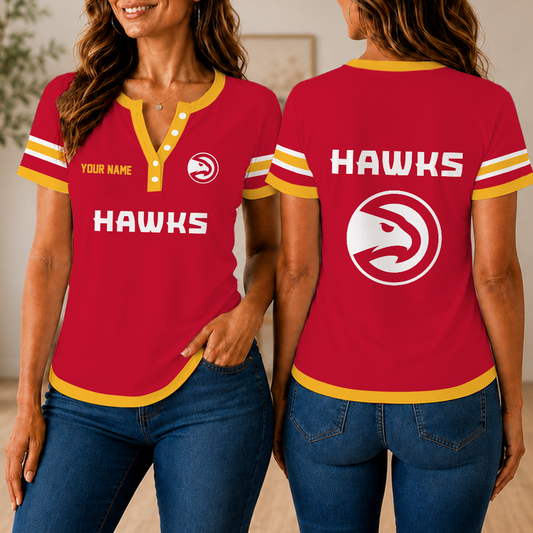 VIRAL EDITION - NEW CUSTOMIZED NBA17 AHA ATLANTA HAWKS  WOMEN'S SHORT SLEEVE HENLEY T-SHIRT