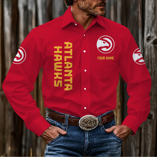 HOT DEAL - NEW CUSTOMIZED NBA17 AHA ATLANTA HAWKS MEN'S LONG SLEEVE BUTTON-UP SHIRT