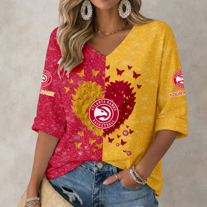 SPECIAL EDITION - NEW CUSTOMIZED AHA ATLANTA HAWKS WOMEN'S HEART V-NECK LONG SLEEVE SHIRT - NBA17