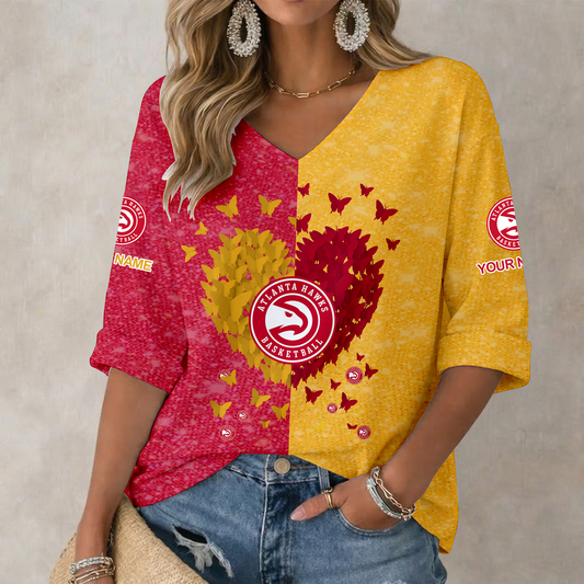 SPECIAL EDITION - NEW CUSTOMIZED AHA ATLANTA HAWKS WOMEN'S HEART V-NECK LONG SLEEVE SHIRT - NBA17