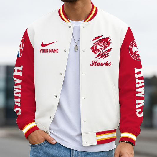 LIMITED DROP - NEW CUSTOMIZED AHA AT HAWKS BASEBALL JACKET, SATIN VARSITY JACKET - NBA17