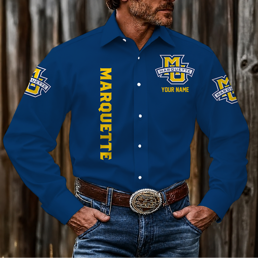 VIRAL EDITION - NEW CUSTOMIZED NCAA MAM17 MGE MARQUETTE GOLDEN EAGLES MEN'S LONG SLEEVE BUTTON-UP SHIRT