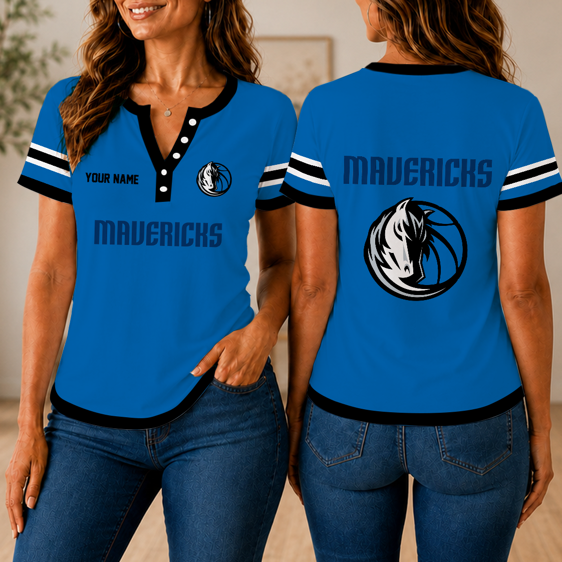 VIRAL EDITION - NEW CUSTOMIZED NBA18 DMA DALLAS MAVERICKS  WOMEN'S SHORT SLEEVE HENLEY T-SHIRT