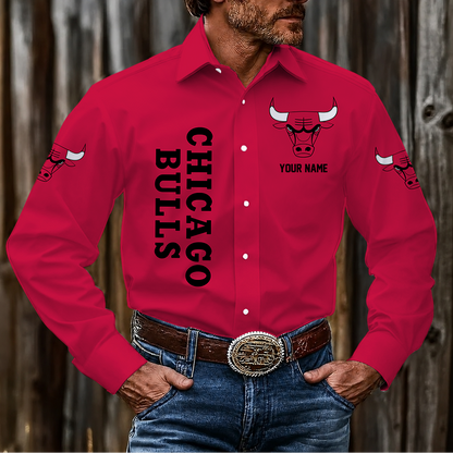 HOT DEAL - NEW CUSTOMIZED NBA19 CBU CHICAGO BULLS MEN'S LONG SLEEVE BUTTON-UP SHIRT