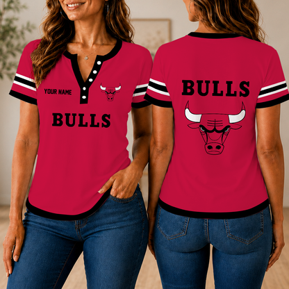 VIRAL EDITION - NEW CUSTOMIZED NBA19 CBU CHICAGO BULLS  WOMEN'S SHORT SLEEVE HENLEY T-SHIRT