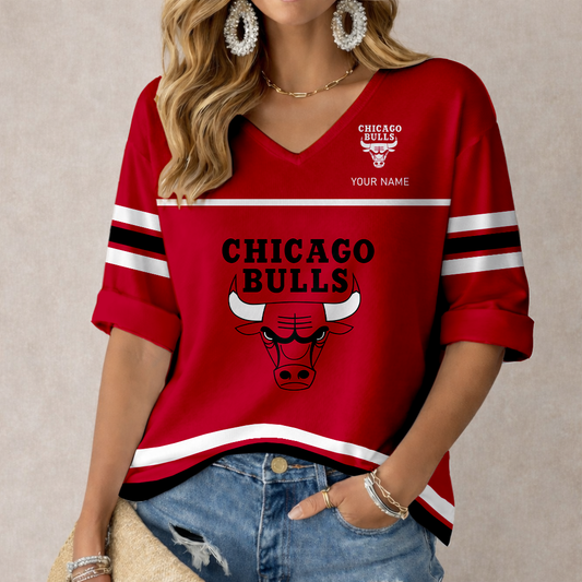 ELITE EDITION - NEW CUSTOMIZED CBU CHICAGO BULLS WOMEN'S HEART V-NECK LONG SLEEVE SHIRT - NBA19