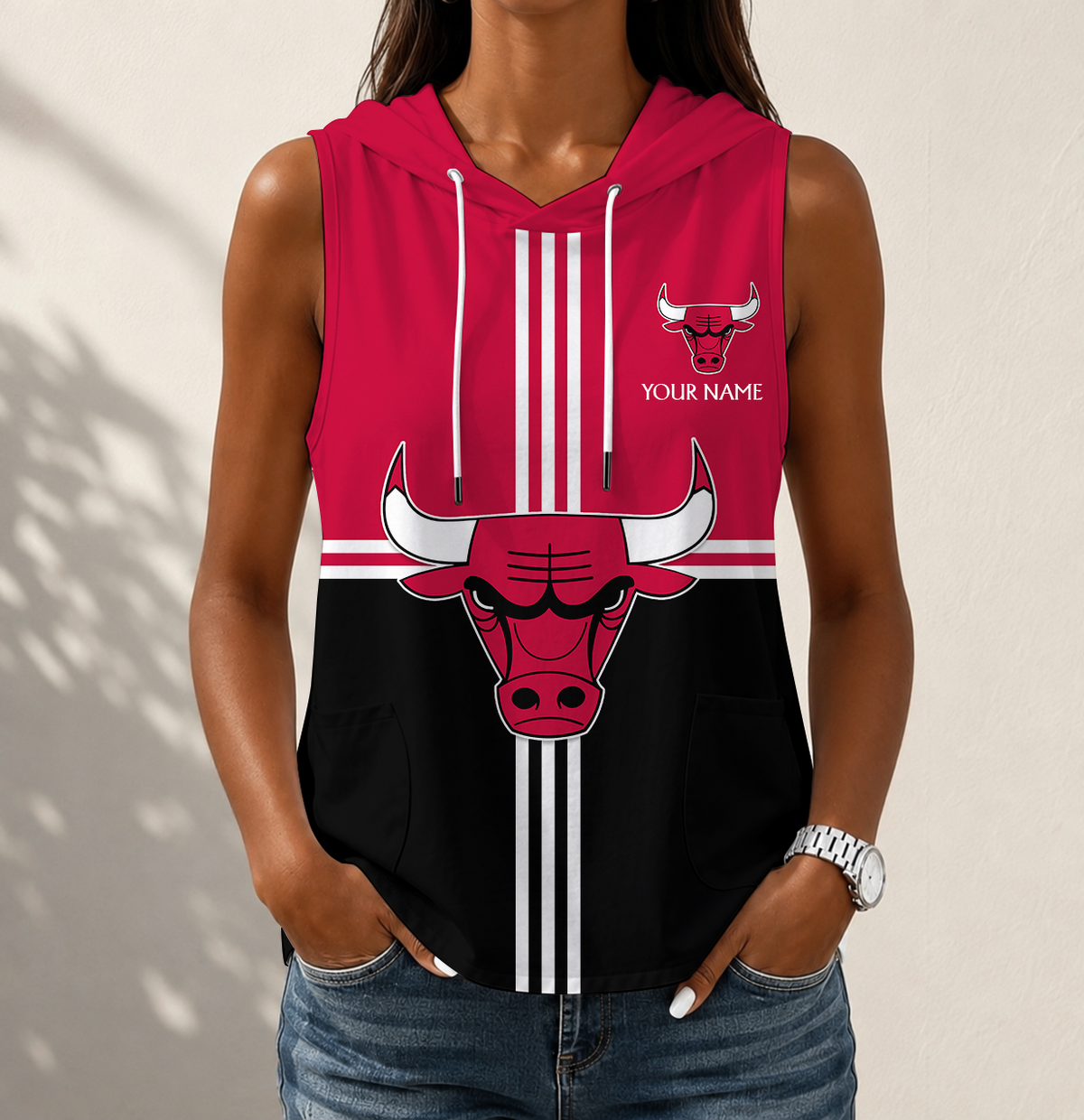 HOT DEAL - NEW CUSTOMIZED NBA19 CBU CHICAGO BULLS WOMEN'S SLEEVELESS HOODED POCKET TANK TOP