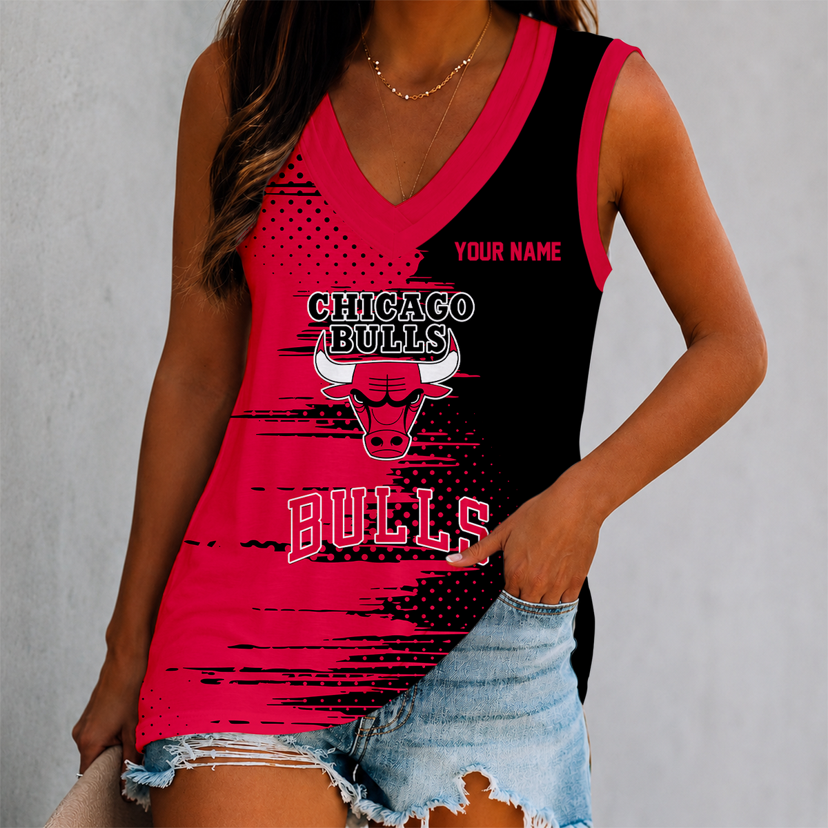 LIMITED EDITION - NEW CUSTOMIZED NBA19 CBU CHICAGO BULLS WOMEN'S V-NECK TANK TOP